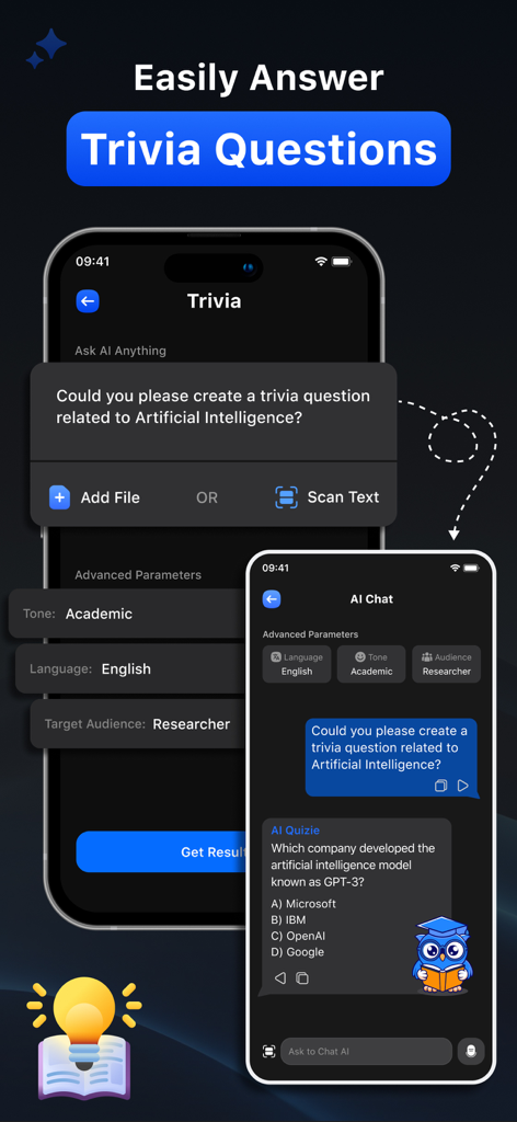 AI Search,Answer Search Engine - AI Quizie app interface showing an AI-generated trivia question about artificial intelligence