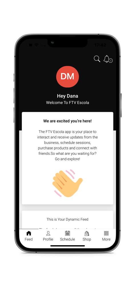 FTV Escola - Tela de boas-vindas do aplicativo FTV Escola mostrando uma saudação personalizada ao usuário e um menu de navegação inferior