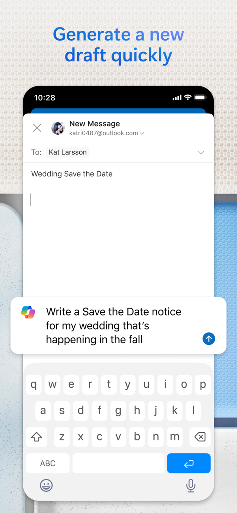 A screenshot of the Microsoft Outlook mobile app showing the AI Copilot feature generating an email draft for a wedding save the date.