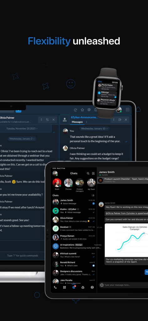 Zoho Cliq team chat interface displayed on Apple Watch iPad and desktop monitor