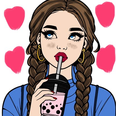 realistic girl with braided hair drinking boba