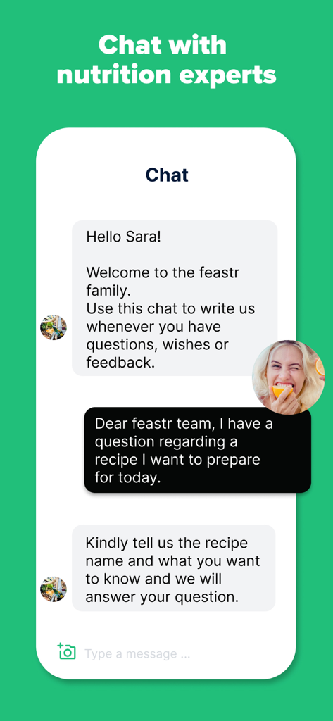 In-app chat interface showing a user consulting with nutrition experts about recipes within the feastr app