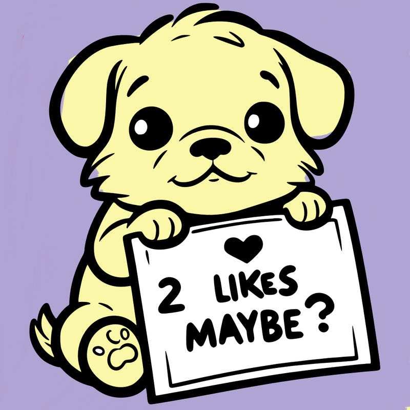 a puppy holding a sign that says 2 likes maybe?