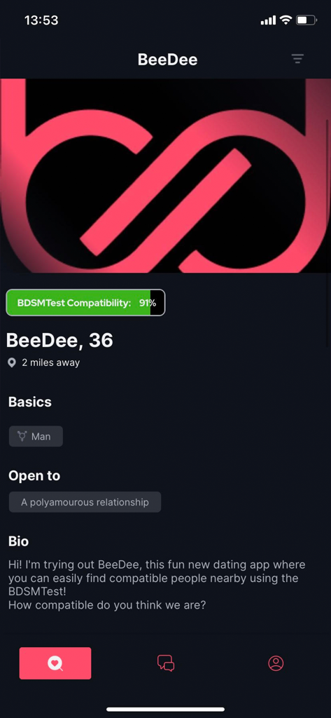 BeeDee dating app user profile interface showing BDSM compatibility score and polyamorous relationship preference