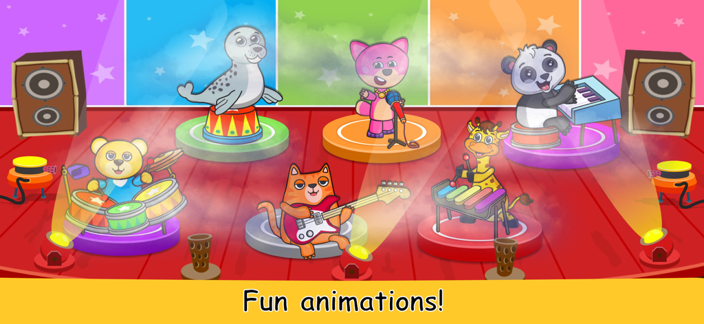 Uma banda de animais de desenho animado colorida se apresentando no palco em um jogo musical para crianças.