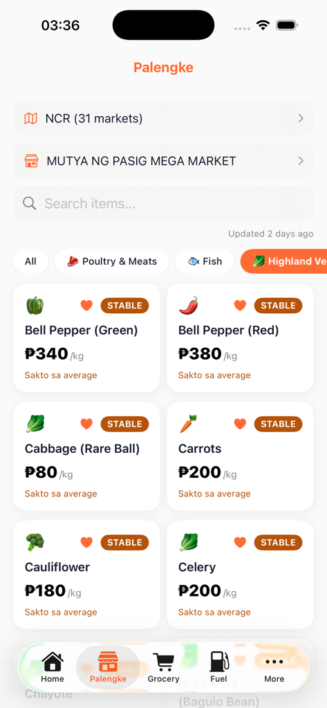AnoMura — Price Tracker PH - AnoMura app screen displaying current vegetable prices at a Philippine wet market