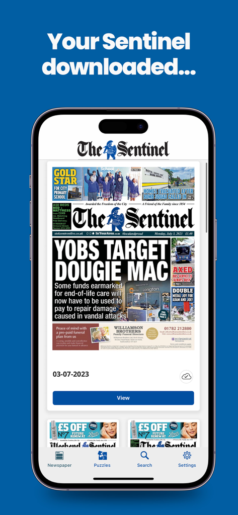 Stoke Sentinel-App-Oberfläche, die eine digitale Nachbildung der Titelseite der lokalen Zeitung zeigt.