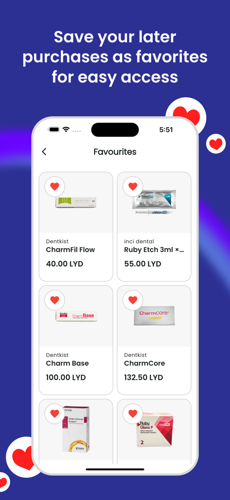 Sadeem Store App Favoriten-Seite mit gespeicherten Dentalprodukten und -materialien