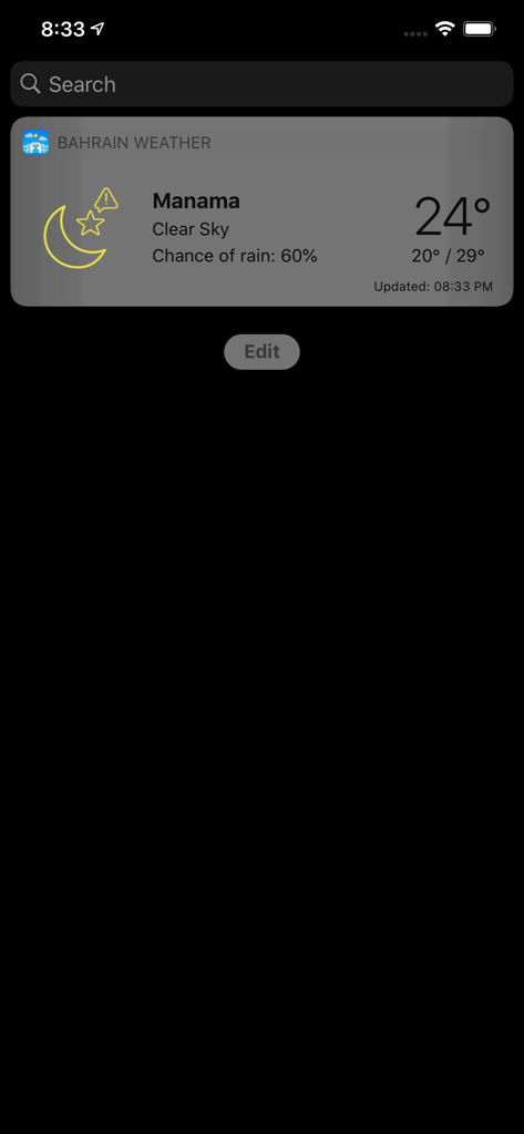 Widget de iOS de la aplicación Bahrain Weather que muestra la temperatura actual y el pronóstico de cielo despejado para Manama