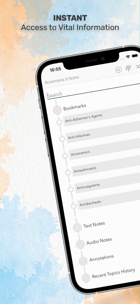 Davis’s Drug Guide for Nurses - Interface of Davis Drug Guide for Nurses app showing the bookmarks and notes section with a list of drug classifications