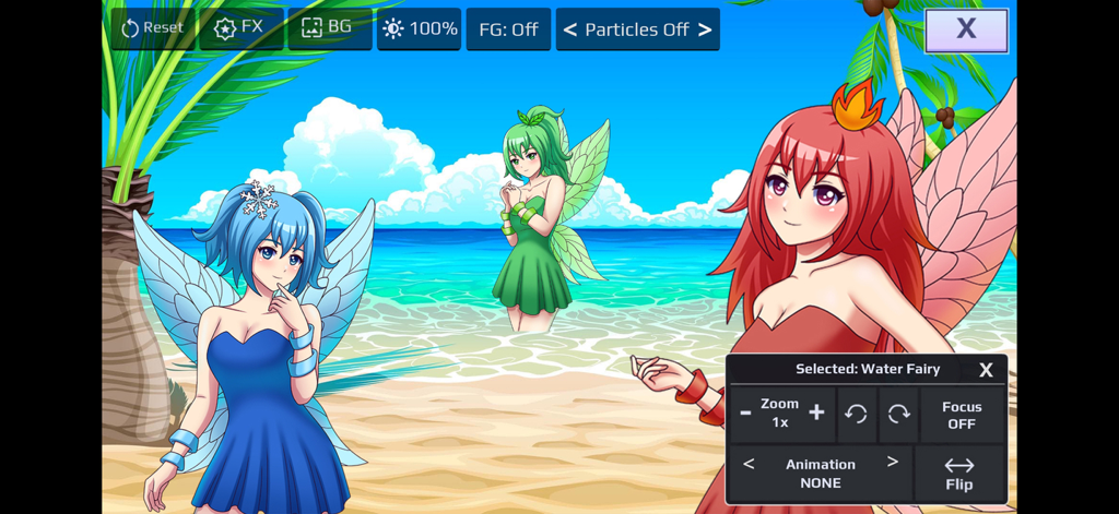 Gacha Story - VN Creator - A scene editor in Gacha Story showing three anime fairy characters on a tropical beach background with character customization controls