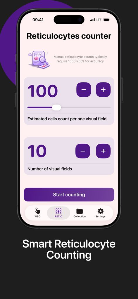 CliniCheck: WBC & Cell Counter - La interfaz del contador de reticulocitos de la aplicación móvil CliniCheck