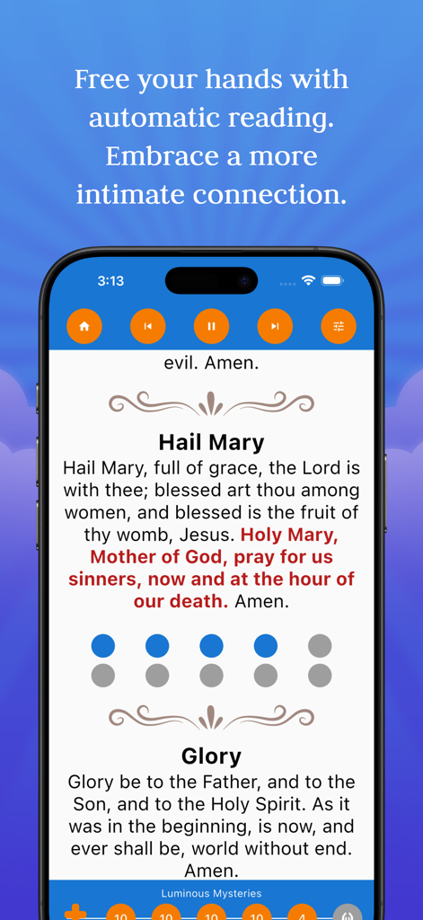 Holy Rosary app screen with automatic voice reading and guided prayer text