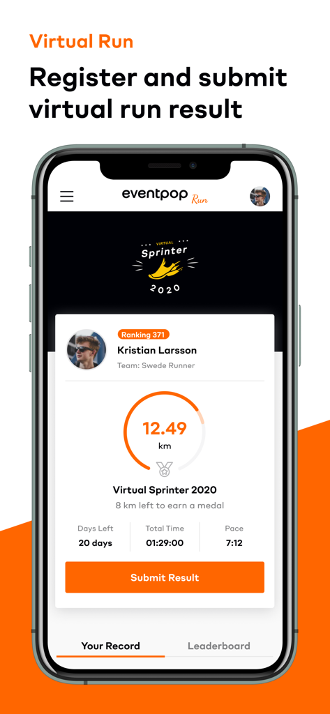 A mobile app screen showing a user's virtual run progress and result submission for a sprinter competition.