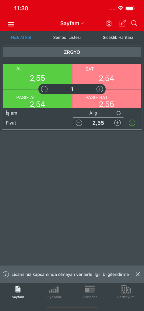 Ziraat Trader Mobile - Ziraat Trader Mobile quick buy and sell trading interface showing stock prices