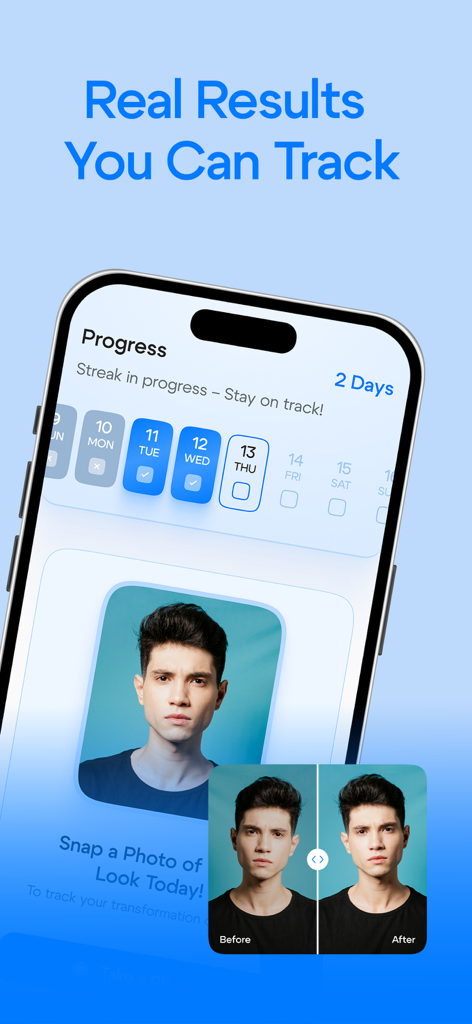 Ein Fortschrittsverfolgungsbildschirm in der Bloat Down App mit einem Vergleich von Gesichtsveränderungen vor und nach der Behandlung bei Männern