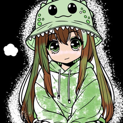 girl with anime shaped eyes with a dinosaur bucket hat oversized sweatshirt long straight hair