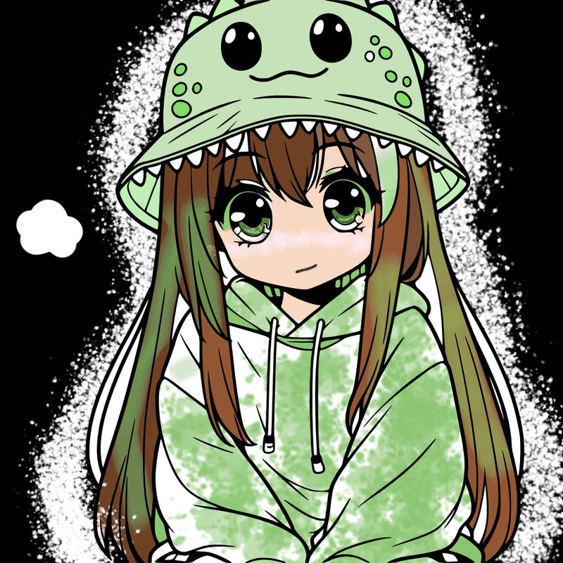 girl with anime shaped eyes with a dinosaur bucket hat oversized sweatshirt long straight hair