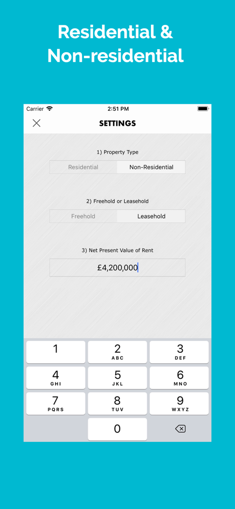 Settings screen for UK Stamp Duty Calculator showing non-residential and leasehold property options