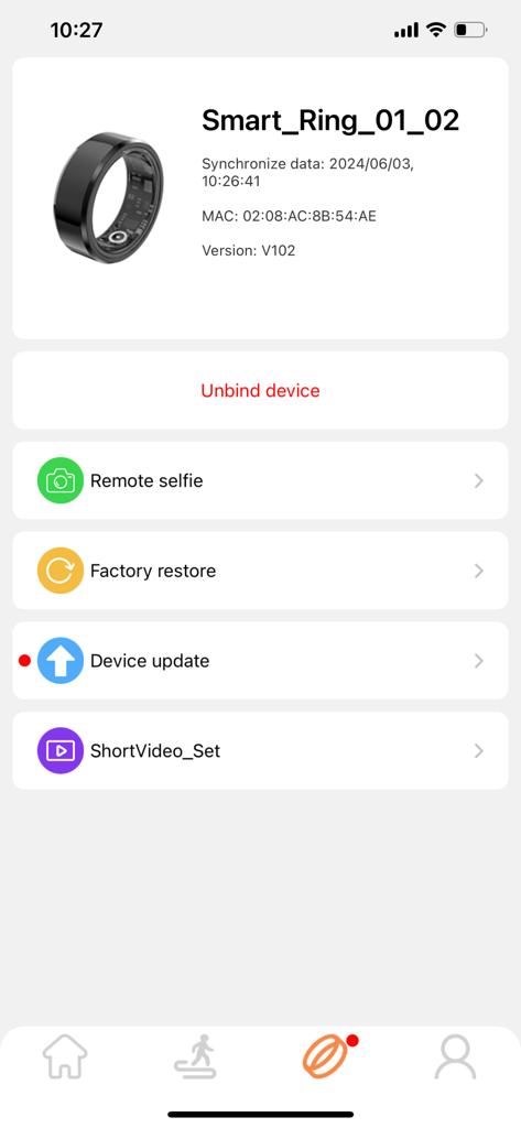 JRing - JRing app device settings screen showing connected smart ring and remote control features
