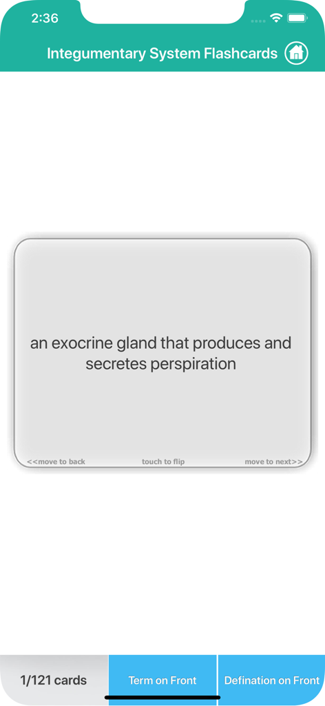 Anatomy : Integumentary System - 外皮系の外分泌腺の定義を表示するモバイルアプリのフラッシュカード