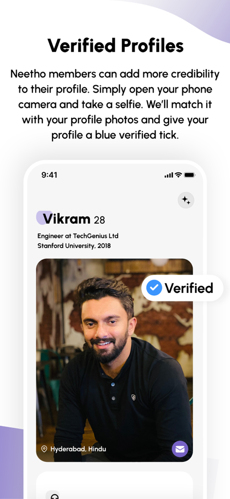 Screenshot of a verified user profile on the Neetho dating app featuring a blue verification badge