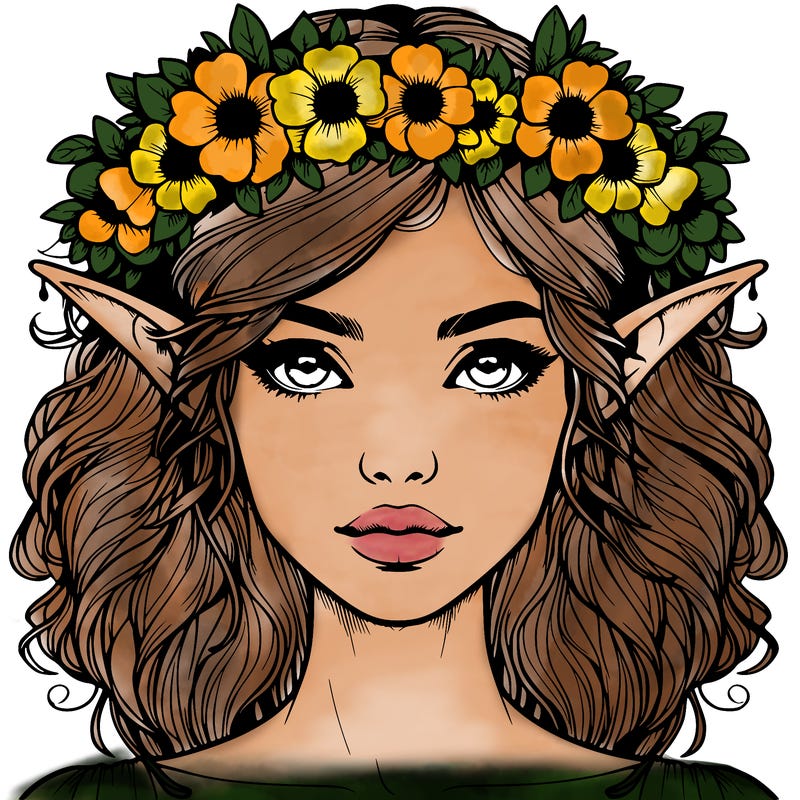 realistic female elf with flower crown