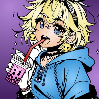 hot baddie anime girl drinking boba and biting the straw