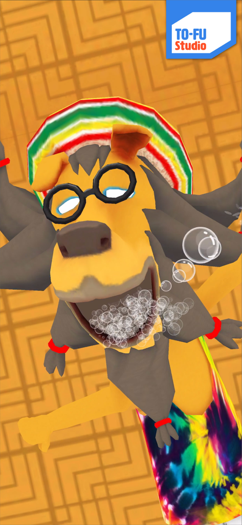 TO-FU Oh!SUSHI 2 - A quirky cartoon dog character wearing a colorful hat and glasses with bubbles coming out of its mouth in the TO-FU Oh!SUSHI 2 app.