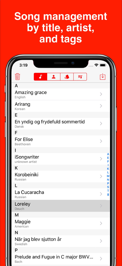 A smartphone screen showing the MIDI Score app's song library organized by title and artist.