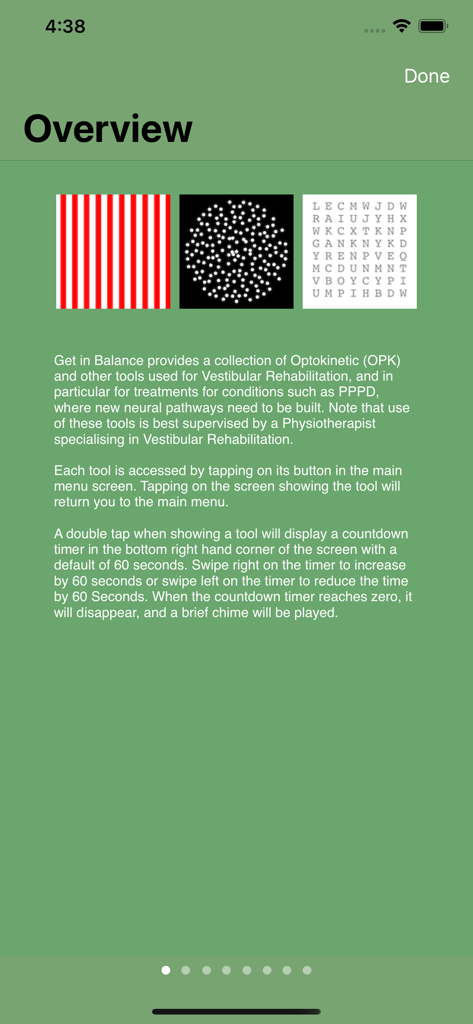 Overview screen of the Get In Balance app showing vestibular rehabilitation tools and usage instructions.