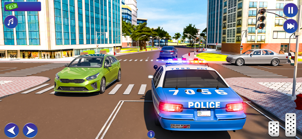 Officer Police Games:Patrol 3D - A blue and white 3D police car patrolling a city street in a driving simulation game.