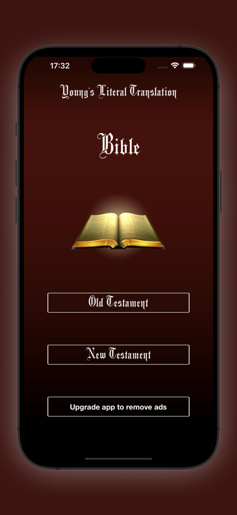 Young's Literal Bible (YLT) - Menú principal de la aplicación Biblia Literal de Young con botones para el Antiguo y Nuevo Testamento