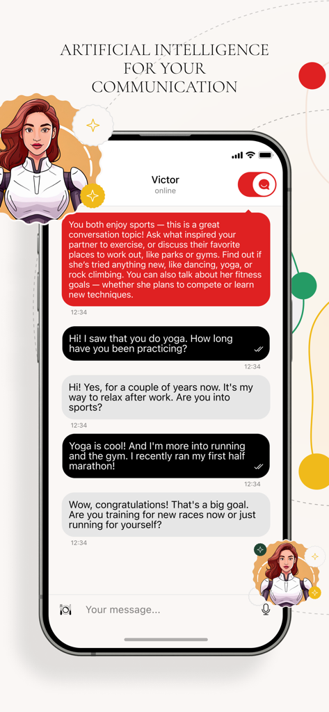 F date&eat - AI assistant providing conversation starters in the F date and eat app chat interface.