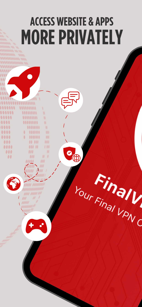 Final VPN app interface highlighting private website access and gaming features