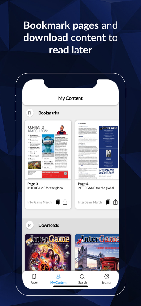 InterGame app interface showing the My Content section with bookmarked pages and downloaded magazines for offline reading.