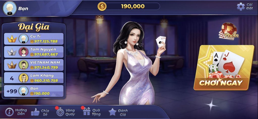 Schermata del menu principale del gioco di carte Phom Ta La Offline che mostra la classifica dei giocatori e il pulsante Gioca ora.