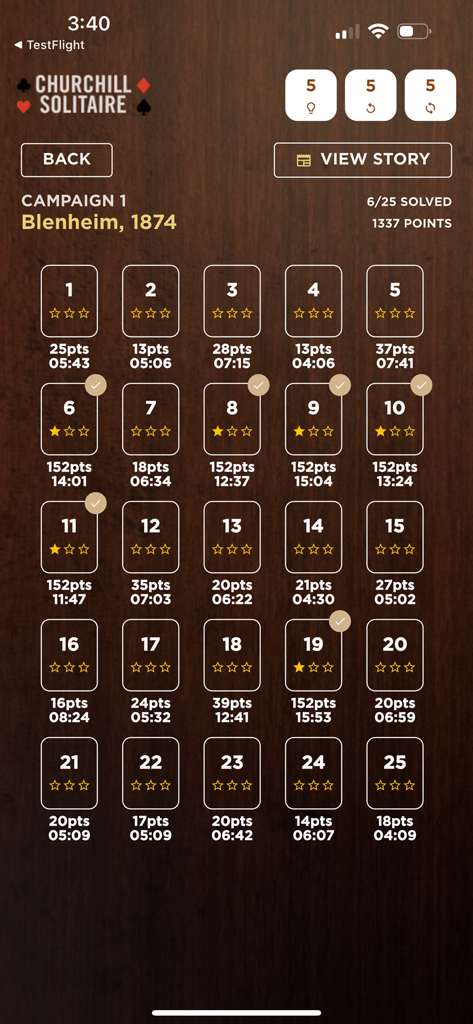 Churchill Solitaire campaign level selection screen showing mission progress for Blenheim 1874