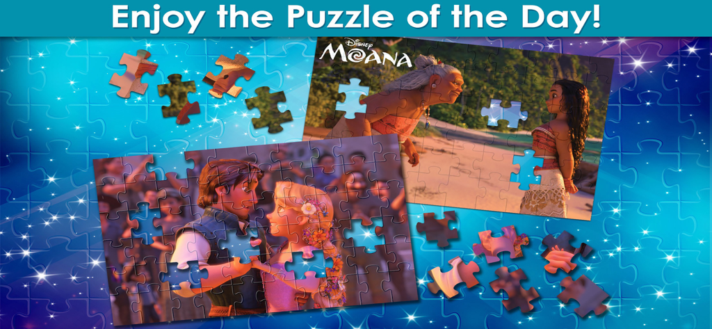 Disney Jigsaw Puzzles app featuring Moana and Tangled daily puzzles