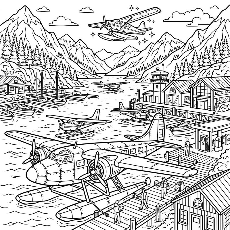 Embark on an aerial adventure with this intricate coloring page featuring a lively seaplane base. Immerse yourself in a full scene bustling with aircraft, boats, and breathtaking mountain views.