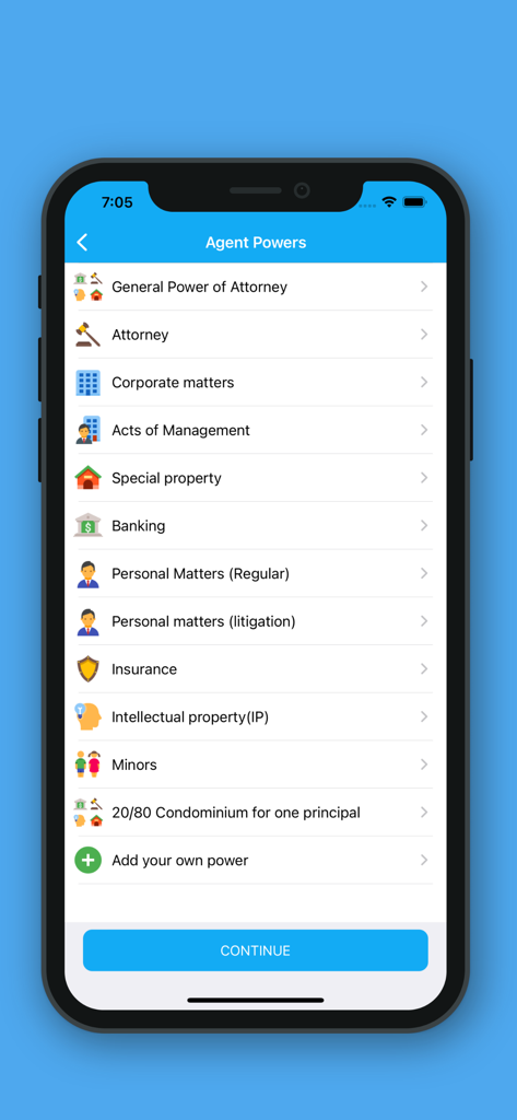 Digital MOFA - Tela do aplicativo MOFA Digital mostrando várias categorias de Procuração para seleção