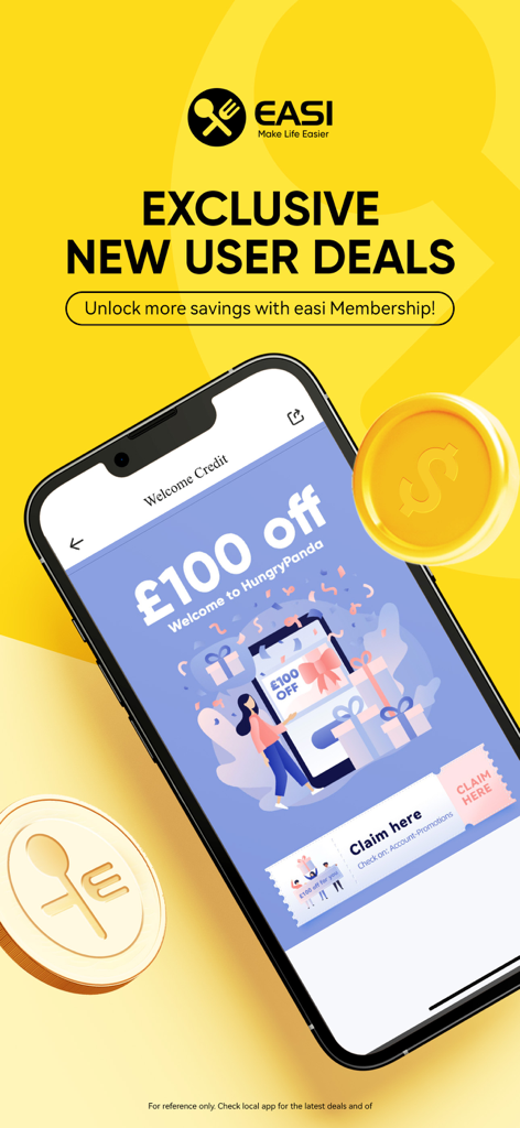 Schermata promozionale dell'app EASI che mostra sconti esclusivi per nuovi utenti e un credito di benvenuto.