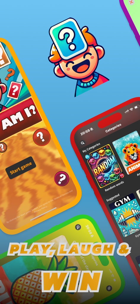 Who Am I? - Guess The Word! - Un personaje de dibujos animados jugando al juego ¿Quién Soy? Adivina la Palabra con varias pantallas de categorías y botones de juego.
