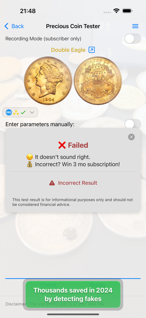 Precious Coin Tester - Precious Coin Tester mobile app screen showing a failed authenticity result for a gold Double Eagle coin based on its acoustic ping.