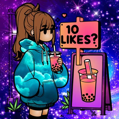girl with oversized hoodie drinking boba and she has a high ponytail with a sign that says 10likes?