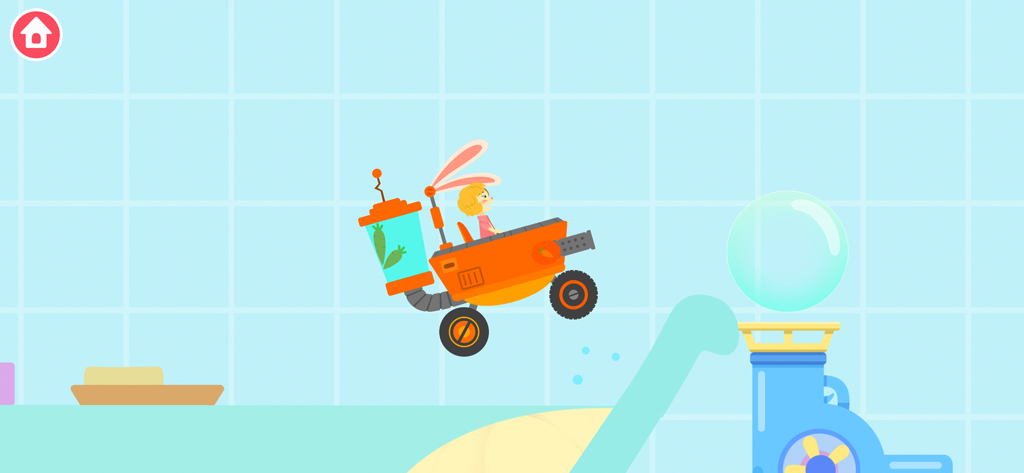 A cartoon child driving a rabbit-themed car jumping over bubbles in a bathroom setting
