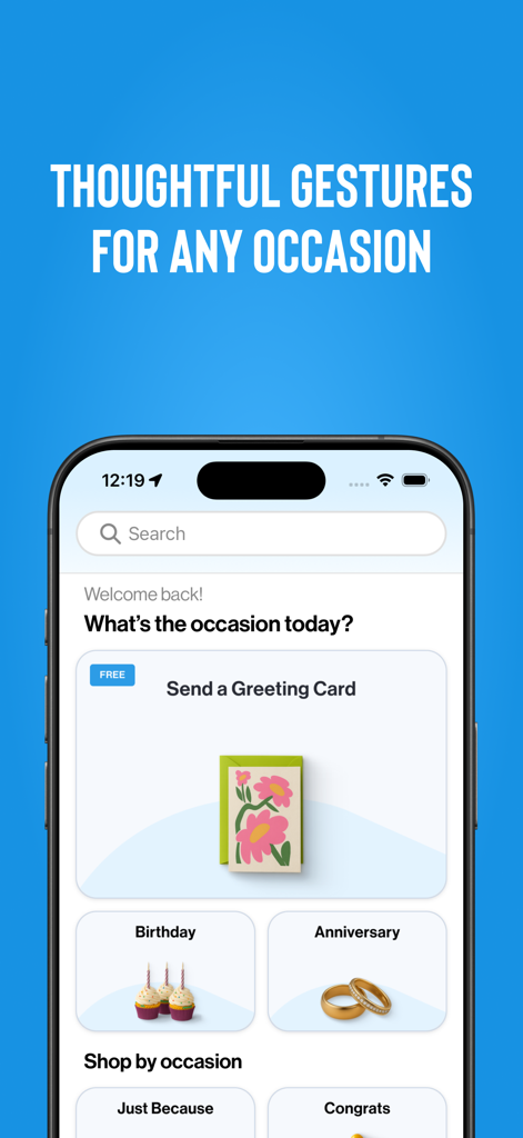 Gesture: REAL Social Gifting - Pantalla de inicio de la aplicación de regalos sociales de Gesture mostrando opciones de regalos por ocasión