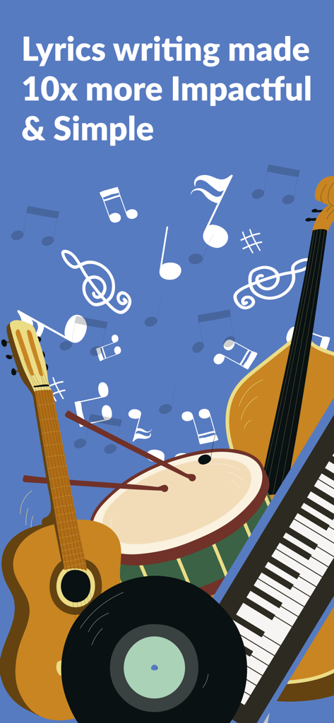AI Lyrics Generator-Song Maker - インパクトのある歌詞作成を宣伝するテキストが付いた楽器のイラスト