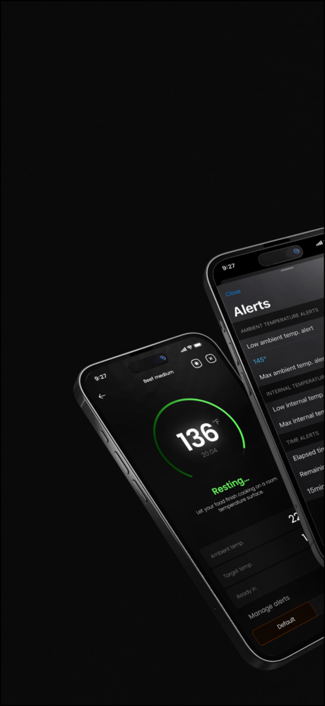 Meat°it 3 Meat Thermometer - Deux iPhones montrant l'interface de l'application Meat it 3 avec un minuteur de repos de viande et la configuration des alertes de température.