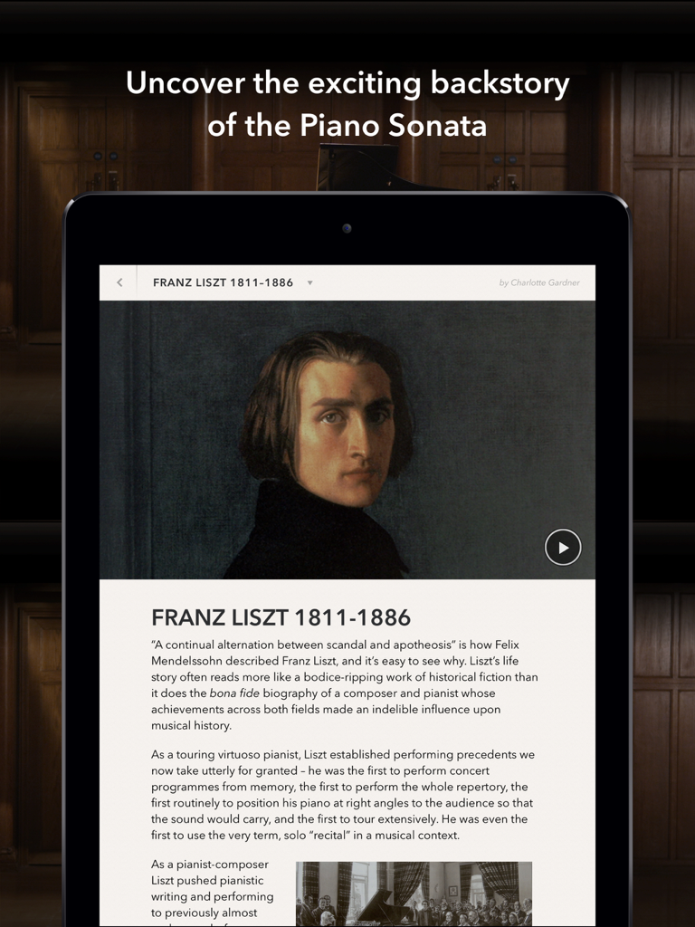 The Liszt Sonata - Un iPad mostrando una página de biografía de Franz Liszt con su retrato y texto histórico dentro de la aplicación The Liszt Sonata